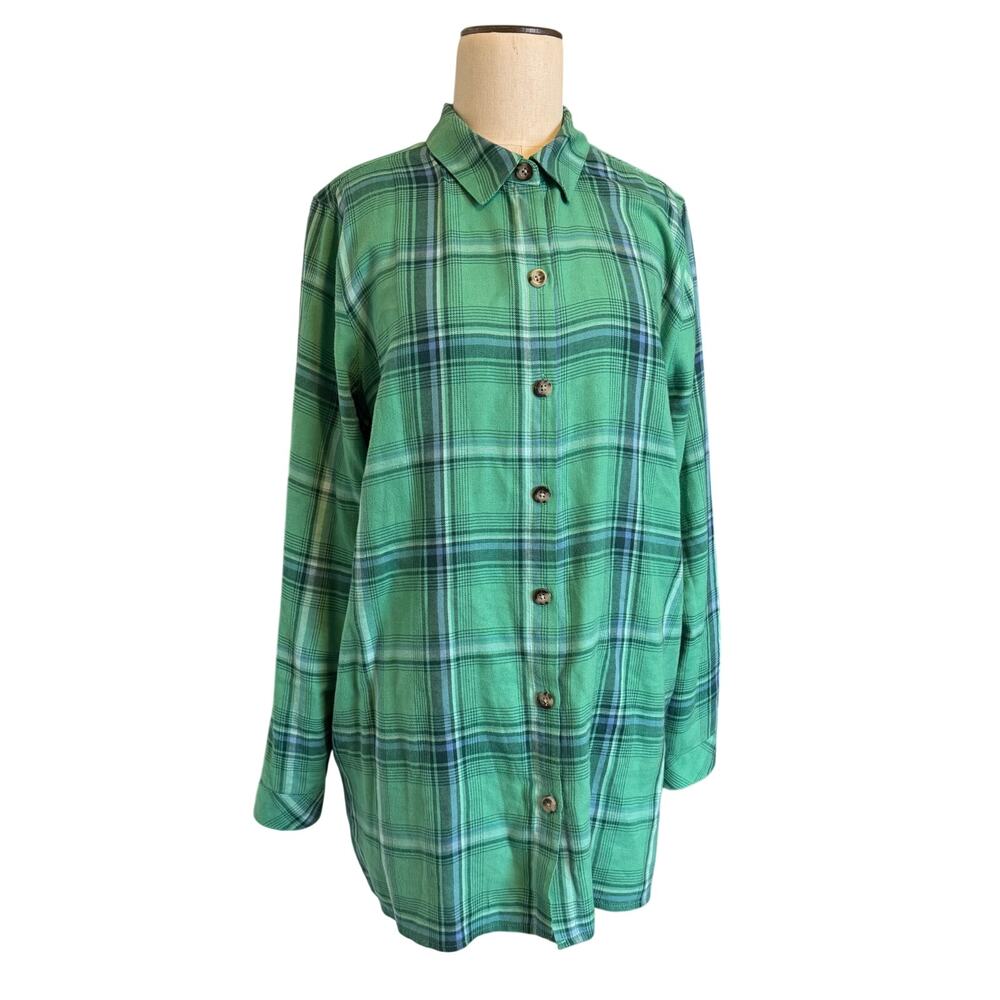 J. Jill Shirt Womens Sz L Green Soft Cotton Green Blue Plaid Casual Long Sleeve